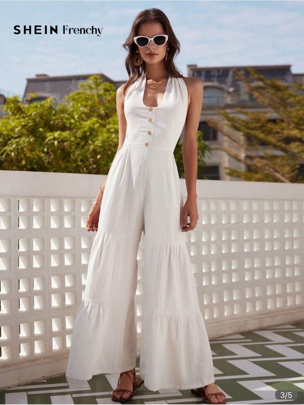 SHEIN White Halter Button-Front Wide-Leg Jumpsuit